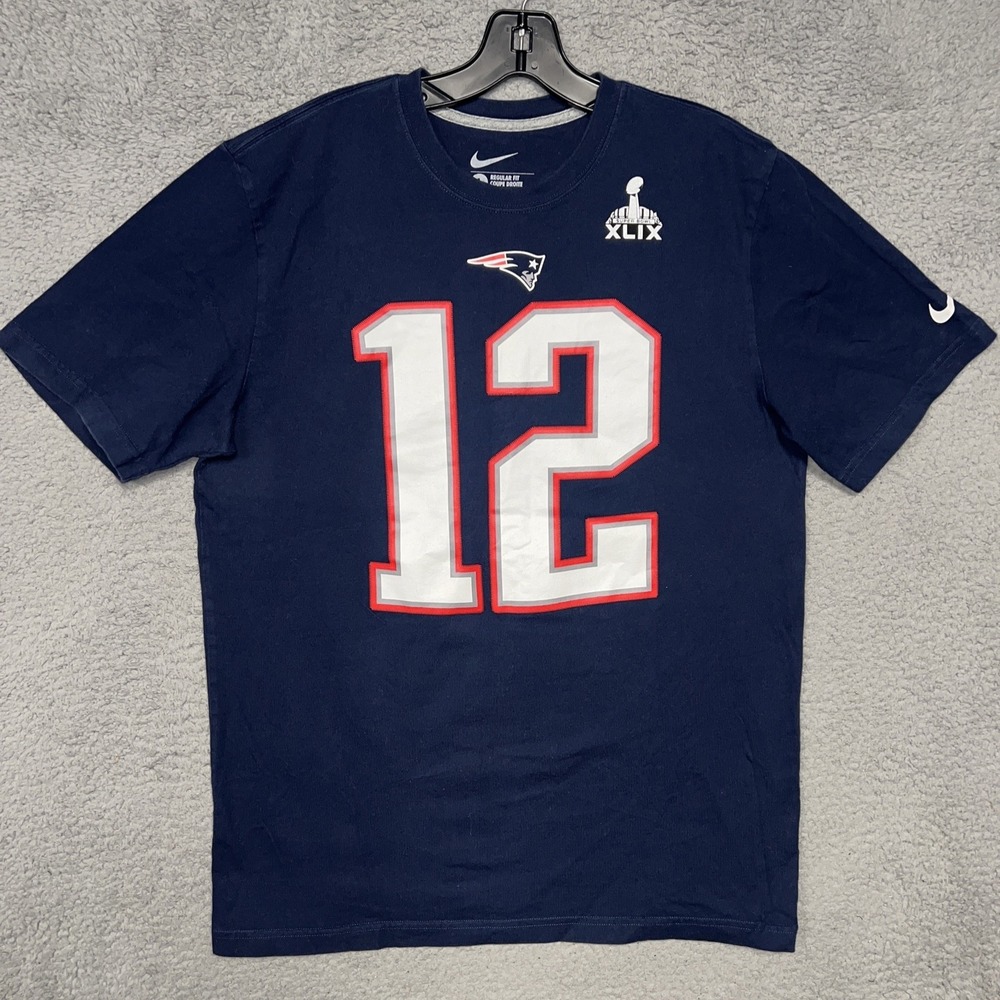 Nike New England Patriots Tom Brady T Shirt Men's Sz L Blue #12 Super Bowl XLIX